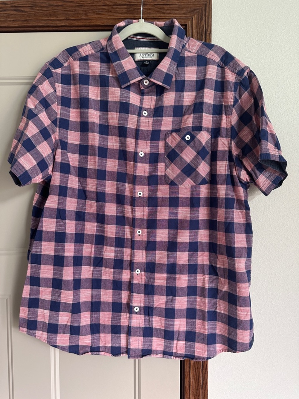 Men’s Flag & Anthem Red and Blue Plaid Short Sleeve Shirt Size XL 100% Cotton